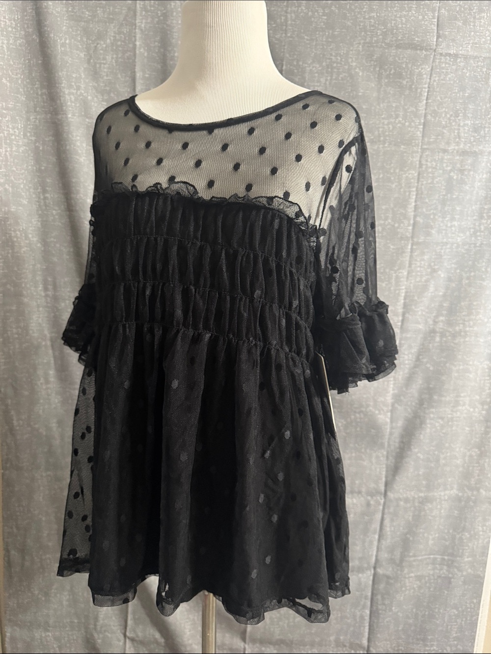 Black Polka Dot Sheer Ruffled Babydoll Top - Picture 10 of 10